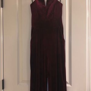 Burgundy, strapless jumpsuit with pockets
